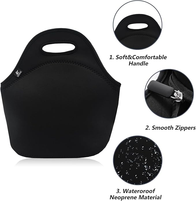 LOVAC Reusable Lunch Bag for Men,Lunch Tote,Durable and Waterproof Neoprene Lunch Bags,Insulated Soft and Lightweight (Pure Black)