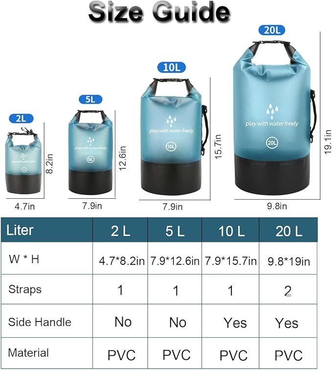 Waterproof Dry Bag,5L/10L/20L Roll Top Lightweight Dry Storage Bag Backpack with Waterproof Phone Case for Travel,Swimming,Boating,Kayaking,Fishing,Camping and Beach (Blue 1pcs, 20L)