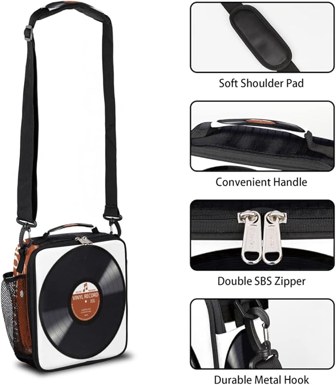 Pardick Music Record Black Kids Lunch Bag Retro Music Vinyl CD Insulated Lunch Box Mini Cooler Back to School Thermal Meal Tote Kit Bento Tote Bags Thermal Lunchbox for Boys Girls