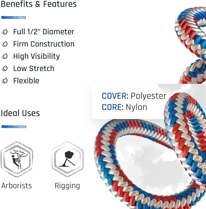 Pelican Arborist-16 Strand 12.7 mm (1/2 inch) Arborist - 7000 lbs Breaking Strength - Static Climbing Rope Used for Arborists - 120 ft - Plain End