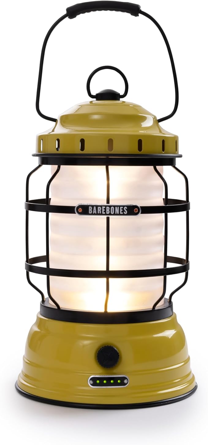 Barebones Forest Lantern – Dusty Yellow, Vintage Rechargeable LED Lantern with Adjustable Brightness – Battery Operated Camping Light for Outdoor Adventures, Backyard Gatherings, and Emergency Use