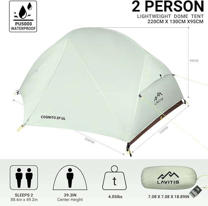 Ultralight 2 Person Backpacking, 4LB Portable 20D Waterproof Nylon Camping, 3 Season Hiking Trekking Tent with 7001 Aluminum Poles