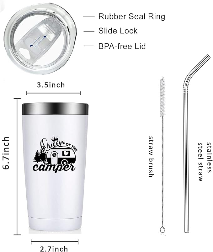 Queen of the Camper Tumblers with Lids and Straws, Camping RV Stainless Steel Vacuum Insulated Travel Tumbler Cups 20 OZ for Girls Women