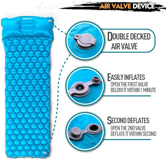 ZOOOBELIVES Ultralight Sleeping Pad with Pillow– Inflatable Camping Mat for Backpacking, Traveling and Hiking, Compact and Portable Multiple Color Options