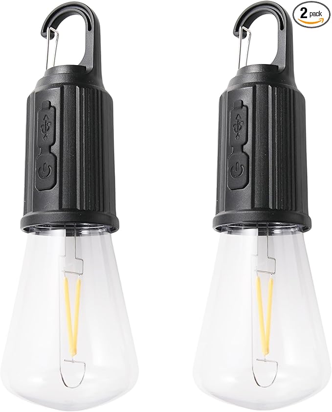 2Pcs Rechargeable Camping Light Bulbs,Portable LED Camping Lanterns,Hanging Tent Lamp with 3 Lighting Modes and Hook for Emergency, Hiking, Fishing, Backpacking,Power Outages