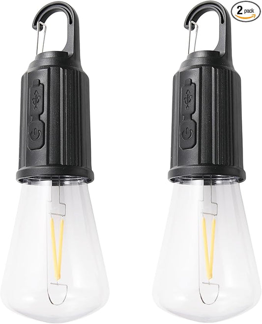 2Pcs Rechargeable Camping Light Bulbs,Portable LED Camping Lanterns,Hanging Tent Lamp with 3 Lighting Modes and Hook for Emergency, Hiking, Fishing, Backpacking,Power Outages