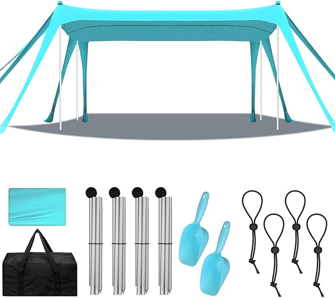 Beach Tent Sun Shelter UPF 50+ Beach Shade Canopy Pop up Tent Portable Cabana Outdoor with Aluminum Poles Sandbags Sand Shovel for Camping Fishing Trip Picnic Party