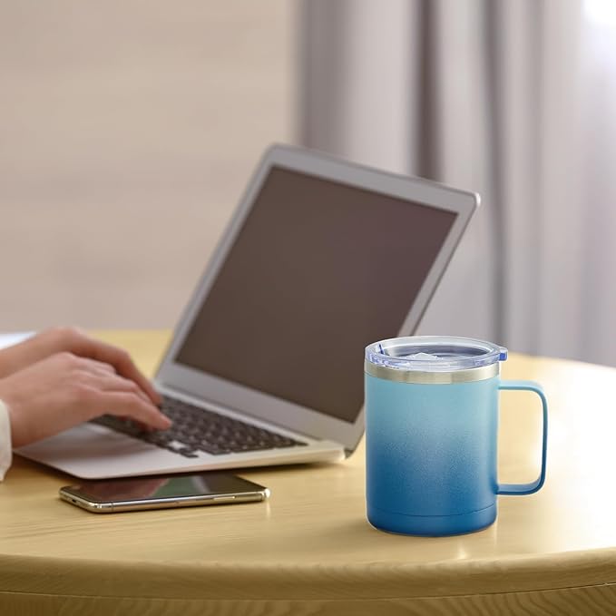 MEWAY 12oz Coffee Mug With Handle and Sliding Lid,Stainless Steel Travel Tumbler Cup with Handle,Double Wall Vacuum Insulated Camping Cup for Hot & Cold Drinks Tea (Blue Waves,Set of 1)