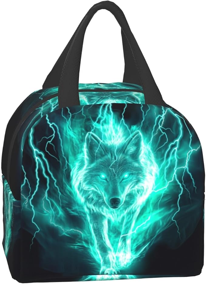 Giwawa Wolf Lunch Bag Fire Animal Print Lightning Insulated Kids Lunch Box Reusable Thermal Cooler Lunch Tote Bag Food Container for Teens Adults Girls Boys School Men Women Travel
