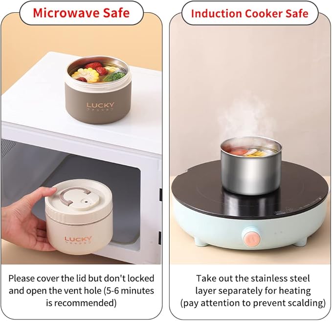 YBOBK HOME Thermal Bento Box Aldult Lunch Box, Portable Insulated Lunch Container For Work Picnic, Keep Warm Stainless Steel Food Container With Bag, Induction Cooker & Microwave Safe(Khaki 34oz)