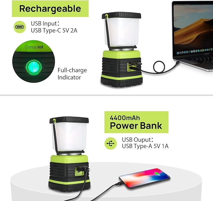LED Camping Lantern Rechargeable, Consciot Camping Lights, 1000LM, 4 Light Modes, 4400mAh Power Bank, IPX4 Waterproof, Dimmable Tent Lights for Emergency, Power Outages, USB C Cable Included, 2 Pack