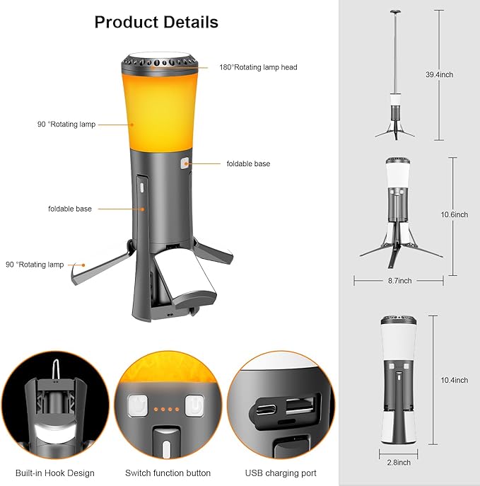 Rechargeable 18000mAh Camping Light with Stand , Telescopic Rechargeable Multifunction Lanterns 7500 Lumens LED Work Light Dimmable IPX7 Emergency Flashlight Emergency, Construction, Power Outages