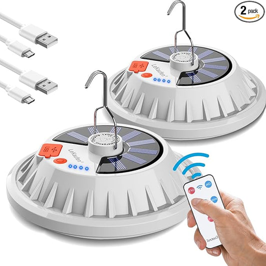USB Solar Camping Light Remote Tent Light 2 Pack - 4000LM Portable LED Rechargeable Camping Lantern Hanging IPX4 Waterproof Emergency Light for Camping, Hiking, Power Failure, Hurricane (120 LEDs)