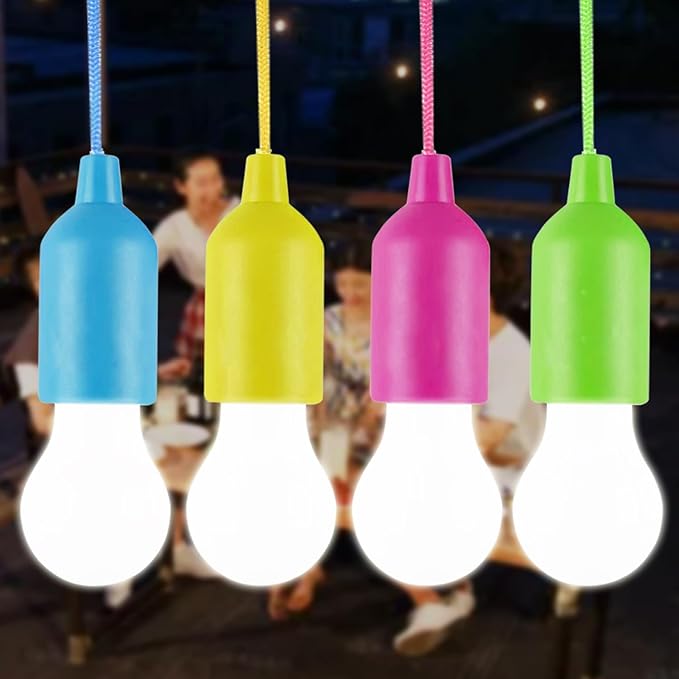 LED Pull Cord Light Bulb 4 Pack, LED Camping Lantern Lights Hanging Tent Lamp Light Bulbs for Camping, Hiking, Home Decor, Hurricane Emergency, Storms, Outages and More (4pcs Colored)