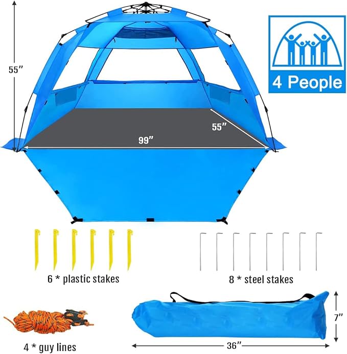 WhiteFang Deluxe Pop Up Beach Tent Sun Shade Shelter for 3-4/5-6 Person, UV Protection, Extendable Floor with 3 Ventilating Windows Plus Carrying Bag, Stakes, and Guy Lines