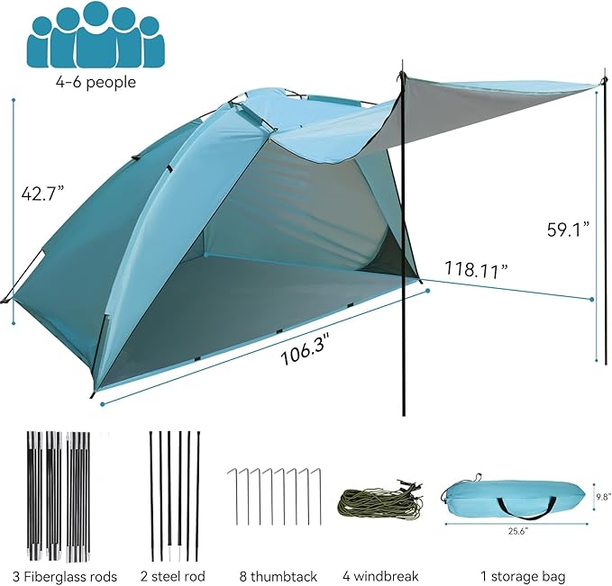 Beach Tent with Canopy, UPF 50+ UV Protection with Silver Coating, Beach Cabana for 4-6 People,Sun Shelter Tent with Ventilation Window & Storage Pockets, Easy to Set up for Family Outdoor use