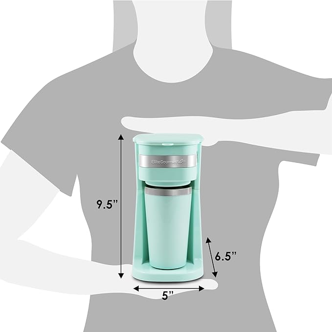 Elite Gourmet EHC113M Personal Single-Serve Compact Coffee Maker Brewer Includes 14Oz. Stainless Steel Interior Thermal Travel Mug, Compatible with Coffee Grounds, Reusable Filter, Mint