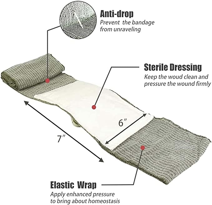 RHINO RESCUE 6" Israeli Style Emergency Bandage, Compression Trauma Wound Dressing, Medical Sterile Vacuum Sealed, Combat Tactical First Aid Kit IFAK Supplies, 5 Count