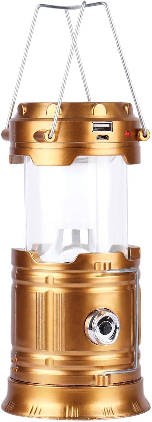 Solar Camping Lantern for Power Outages - USB Rechargeable Lamp Camping Essentials，Collapsible Portable Waterproof Solar Lights for Indoor Outdoor Emergency Light/Gold