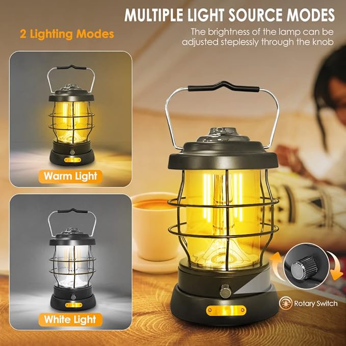 UniqueFire Retro Camping Lantern Rechargeable 1500LM 2 Modes Dimmable,Portable Electric Hurricane Lamp Hands-Free Flashlight,5000 mA High Capacity Battery LED Lanterns for Power Outages Indoor