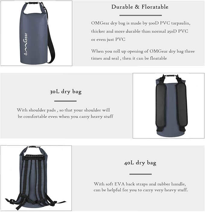 OMGear Waterproof Dry Bag Backpack Phone Pouch 40L/30L/20L/10L/5L Floating Dry Sack for Kayaking Boating Outdoors Activities