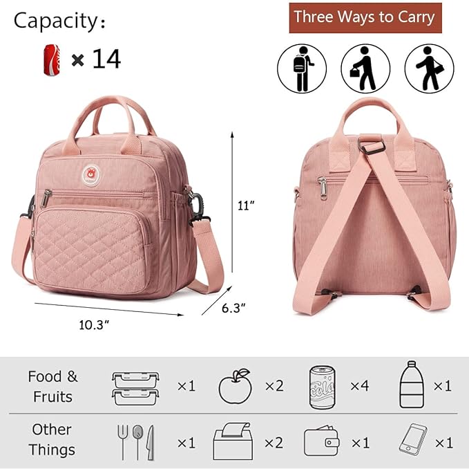 Insulated Lunch Bag Backpack for Women/Men, 3 carrying way Lunch Tote, Large Waterproof Cooler Box with Side pockets for Adults, College, Work, Beach, Picnic, Pink