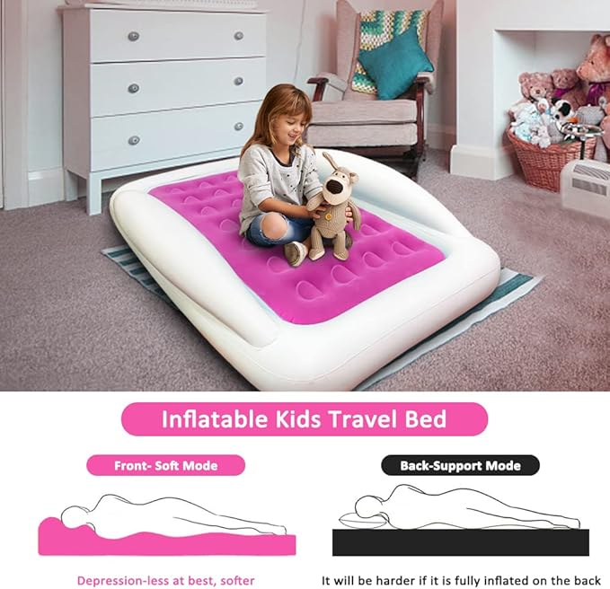 Inflatable Kids Travel Bed Toddler Air Mattress Set,Portable Blow Up Mattress Sleeping Bed Cot with Bed Rails and Electric Pump Ideal for Road Trip