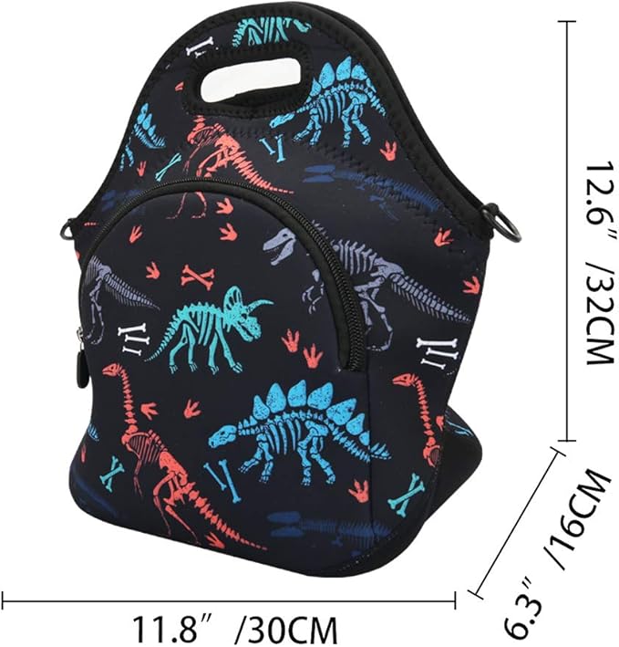 Violet Mist Neoprene Lunch Bag Reusable Insulated Cartoon Dinosaur Snack Bags, 12.6"L x 11.8"H x 6.3"W, BPA-Free, Machine Washable, Easy to Dry