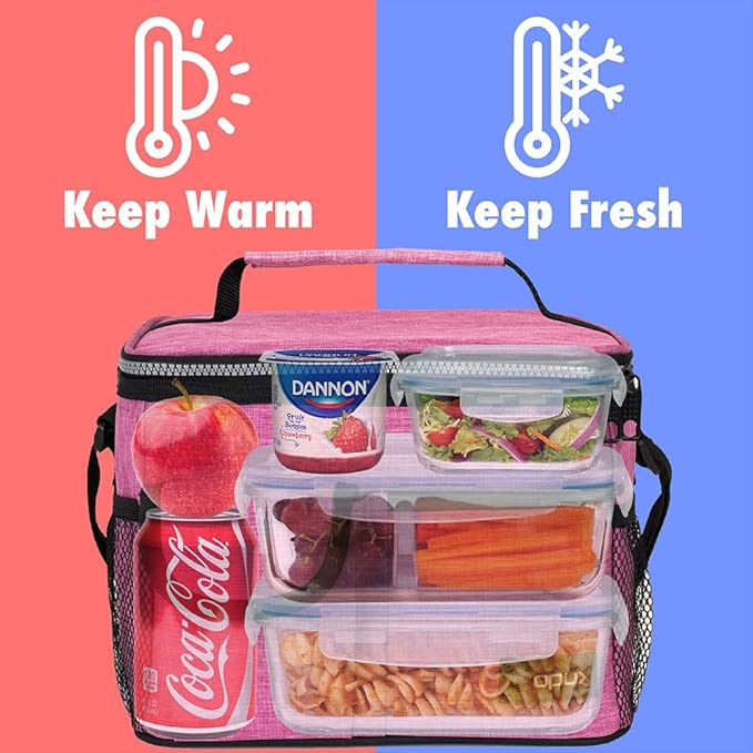 opux Insulated Lunch Bag for Men Women, Leakproof Heather Pink Lunch Box for Work, Portable Soft Lunch Cooler Bag with Shoulder Strap, Adult Lunchbox Lunch Pail for Kid Boy Girl School, 14 Can/8L