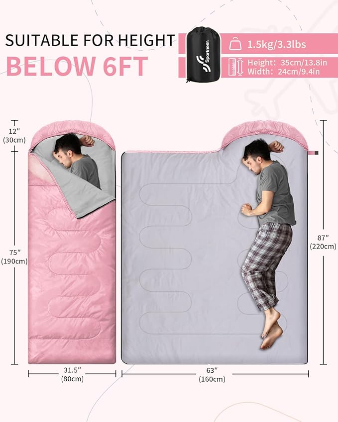 Sportneer Sleeping Bags for Adults, Warm & Cold Weather Sleeping Bag for Adults Kids Boys Girls - Lightweight Compact Camping Gear Equipment, Traveling, Backpacking, Hiking