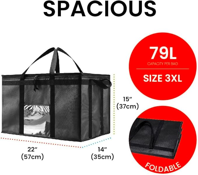 NZ home Insulated Cooler Bag and Food Warmer (3XL, 10-Pack) for Delivery & Grocery Shopping with Zippered Top, Black