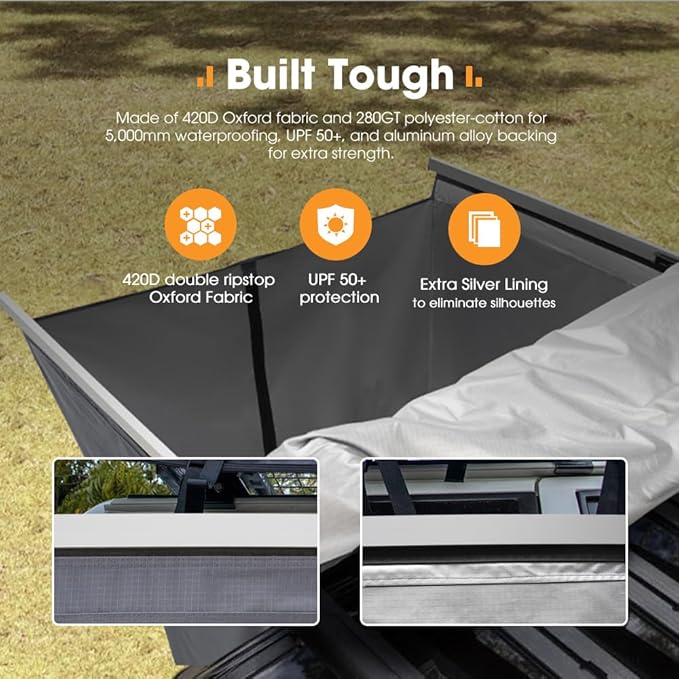 SanHima Awning Shower Tent with 90° Swning Arm - Car Side Shower Room w/LED Light, Camping Waterproof Portable Privacy Shelter Bathroom Overland, Gray