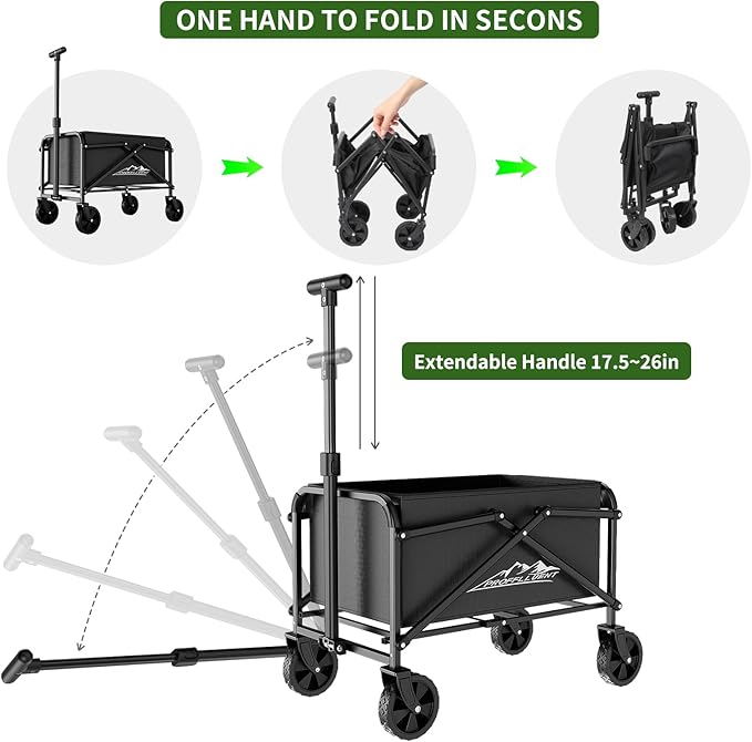 Collapsible Wagon Cart 220lbs Capacity, 4" Removable 360° Swivel Wheels & Adjustable, Waterproof 600D Oxford Fabric & MDF Base, All-Terrain Portable Utility Cart for Shopping, Garden