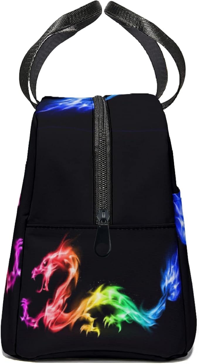 Giwawa Rainbow Dragon Insulated Lunch Bag Colorful Fire Animal Print Reusable Lunch Cooler Tote Box with Front Pocket & Zipper Closure for Kids Woman Man Work Picnic Travel