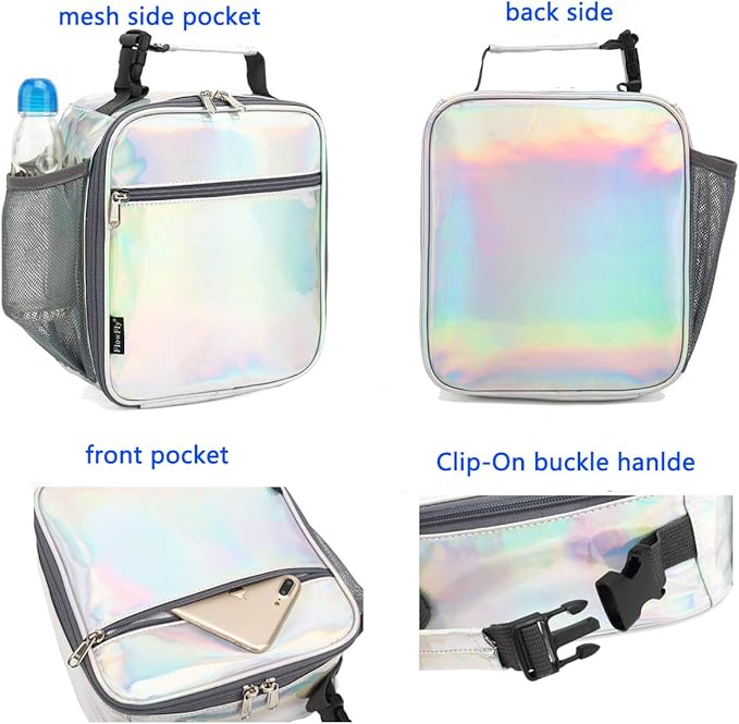 FlowFly Kids Lunch box Insulated Soft Bag Mini Cooler Back to School Thermal Meal Tote Kit for Girls, Boys(Holographic)