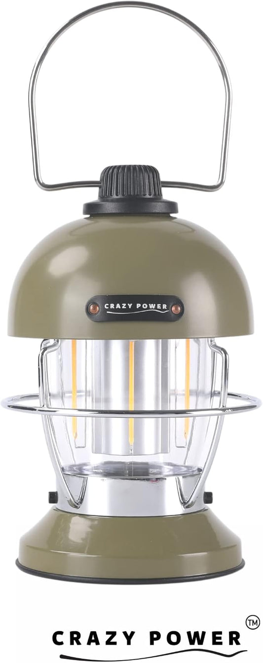 Crazy Power Camping Lantern Rechargeable LED Camping Light Premium Vintage Light 4500 mAh High Capacity Dimmable 3 Light Modes Waterproof for Camping Hiking Fishing Power Outages (CPB200 Green)