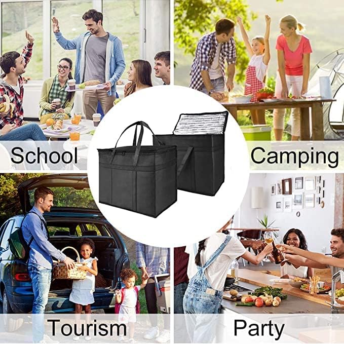 NZ home XXL Insulated Cooler Bag and Food Warmer for Delivery & Grocery Shopping with Zippered Top, Black (1 pack)