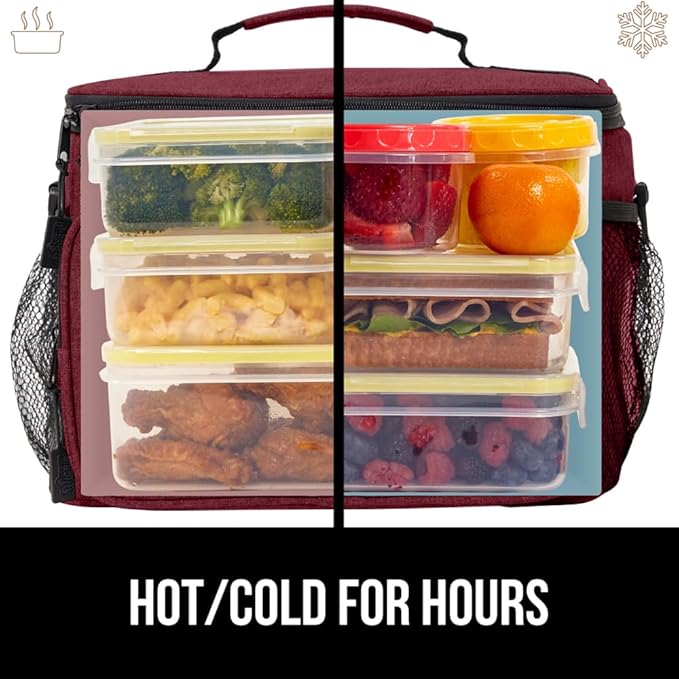 GORILLA GRIP Reusable Insulated Lunch Box Bag for Women Men, XL 15L, Leakproof Soft Cooler Bags, Multiple Compartments, Mesh Pockets and Adjustable Strap, Food Tote Keeps Drinks Cold, 13x9, Burgundy