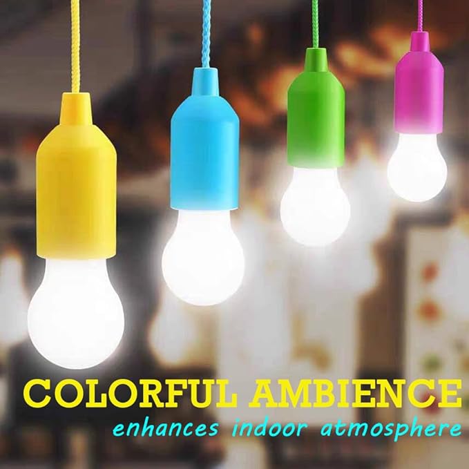 LED Pull Cord Light Bulb 4 Pack, LED Camping Lantern Lights Hanging Tent Lamp Light Bulbs for Camping, Hiking, Home Decor, Hurricane Emergency, Storms, Outages and More (4pcs Colored)