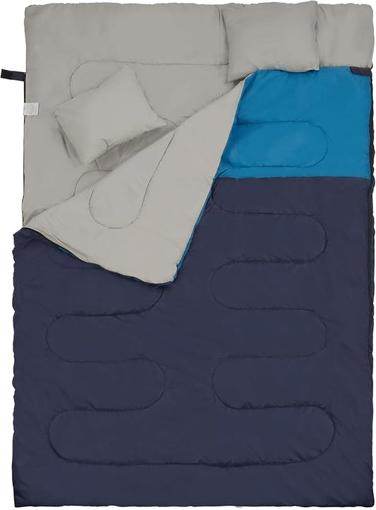 Double Sleeping Bag with 2 Pillows for Adults, Queen Size XL Sleeping Bag Waterproof, Compact with Compression Sack, 2 Person Sleeping Bags for 3-4 Seasons Camping, Backpacking, Hiking, Travel
