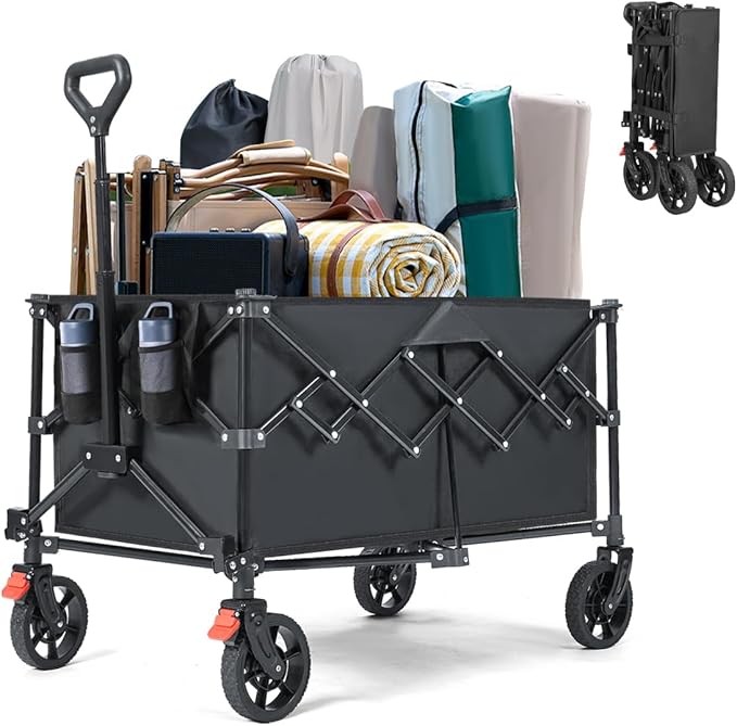 220L Collapsible Foldable Wagon Cart with 360LB Capacity - Heavy Duty Utility Cart for Camping, Groceries, Gardening, Shopping - 360° Wheels, Flexible Handle, and Cup Holders