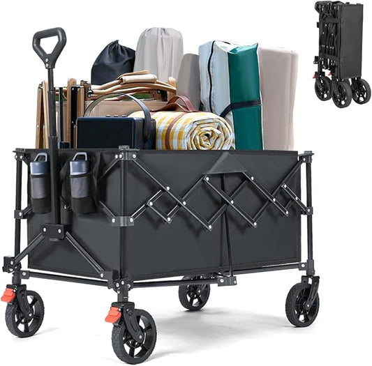 220L Collapsible Foldable Wagon Cart with 360LB Capacity - Heavy Duty Utility Cart for Camping, Groceries, Gardening, Shopping - 360° Wheels, Flexible Handle, and Cup Holders
