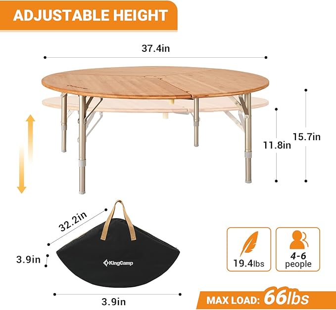 KingCamp Bamboo Round Folding Table Camping Table for Teepee Bell Tent 3 Fold Portable Camp Table with Heavy Duty Adjustable Height Aluminum Leg for Camping Picnic Indoor & Outdoor Card Game Dinning