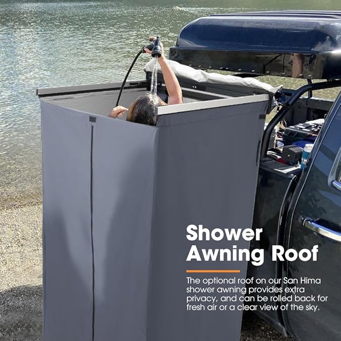SanHima Awning Shower Tent with 90° Swning Arm - Car Side Shower Room w/LED Light, Camping Waterproof Portable Privacy Shelter Bathroom Overland, Gray