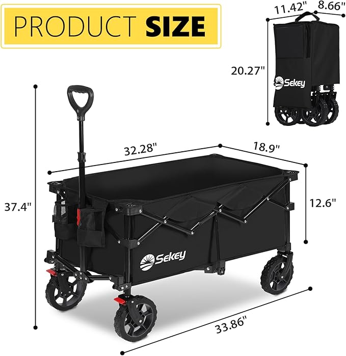 Sekey 330lbs Collapsible Foldable Wagon with Weight Capacity, Heavy Duty Folding Wagon Cart with Big All-Terrain Wheels & Drink Holders. Black