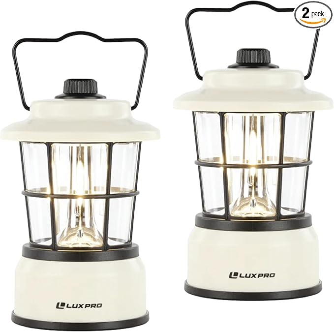 LUXPRO Retro LED Lantern - Battery-Powered Emergency Lantern - Water Resistant - Bright LED Lamp for Indoor & Outdoor Use - Use for Tents, Hiking or Hurricane Prep - 2 Pack, Beige