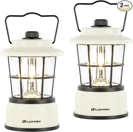 LUXPRO Retro LED Lantern - Battery-Powered Emergency Lantern - Water Resistant - Bright LED Lamp for Indoor & Outdoor Use - Use for Tents, Hiking or Hurricane Prep - 2 Pack, Beige