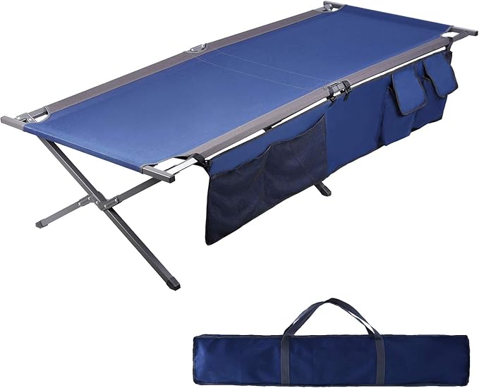 PORTAL Folding Portable Camping Cot, Guest Bed with Carry Bag and Side Storage Organizer, Camping Cots for Adults Sleeping, Away Tent Sleeping Cot Bed, Supports 300 LBS, Blue