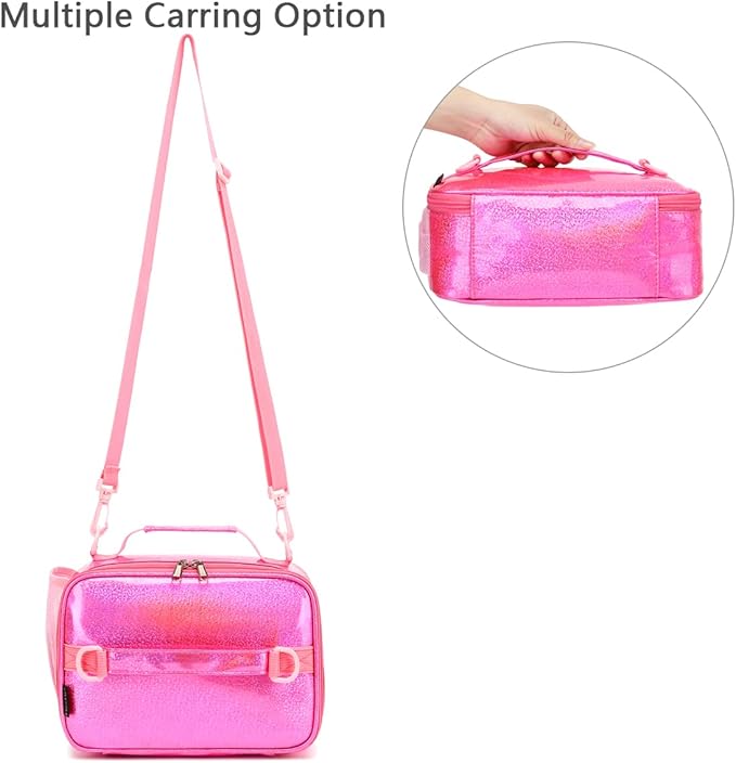 FlowFly Kids Lunch Bag, Durable Insulated School Lunch Box with Shoulder Strap and Bottle Holder, Water-resistant Thermal Small Lunch Cooler Tote for Teen Boys & Girls,Pink#PU