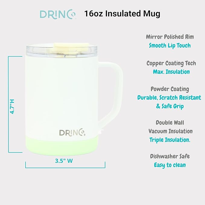 Drinco 16 oz Coffee Mug, Vacuum Insulated Camping Mug with Lid, Double Wall Stainless Steel Travel Mug Insulated Tumblers Coffee Mugs Coffee Cups Tea Cup (16oz Artic White)